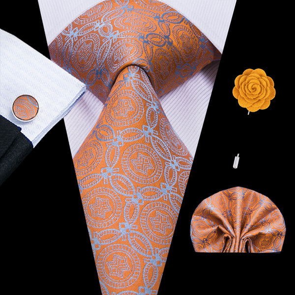 Orange Novelty Men's Necktie Pocket Square Cufflinks Set with Lapel Pin