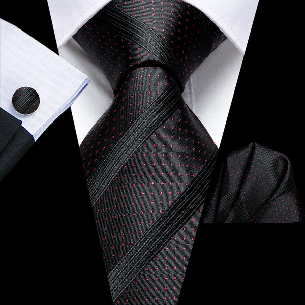 Black Strip with Red Dot Men's Tie Handkerchief Cufflinks Set