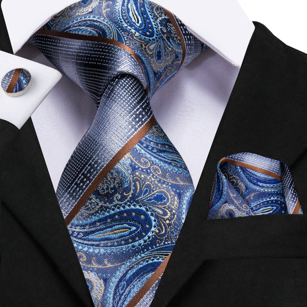 Blue Grey Paisley Men's Tie Handkerchief Cufflinks Set