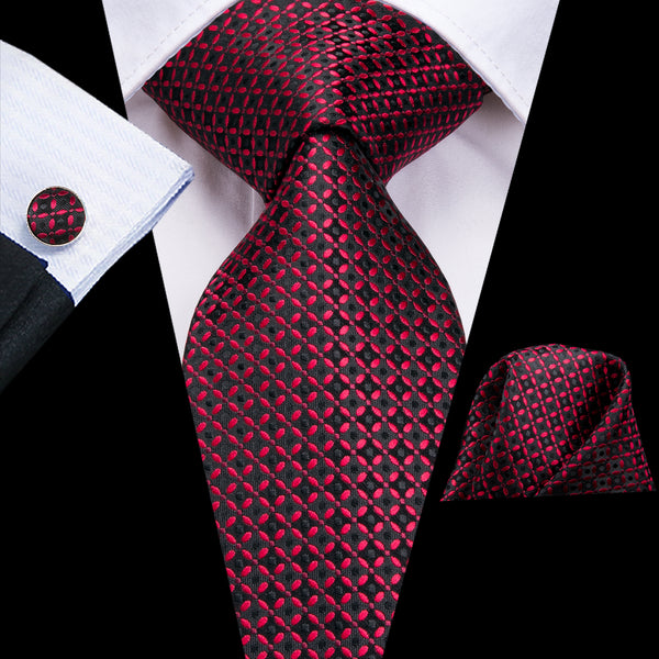 Red Black Dot Silk Men's Tie Handkerchief Cufflinks Set