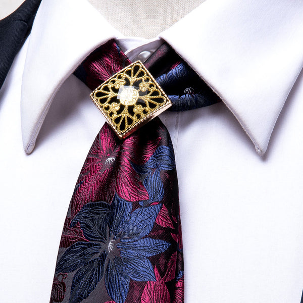 Blue Burgundy Floral Men's Necktie Pocket Square Cufflinks Set with Tie Buckle