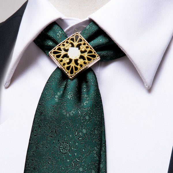 Emerald Green Floral Men's Necktie Pocket Square Cufflinks Set with Tie Buckle