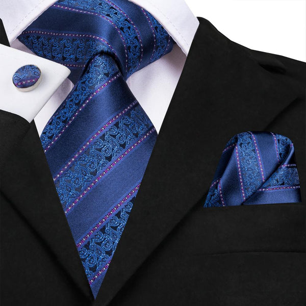 Navy Blue Striped  Silk Men's Necktie Pocket Square Cufflinks Set