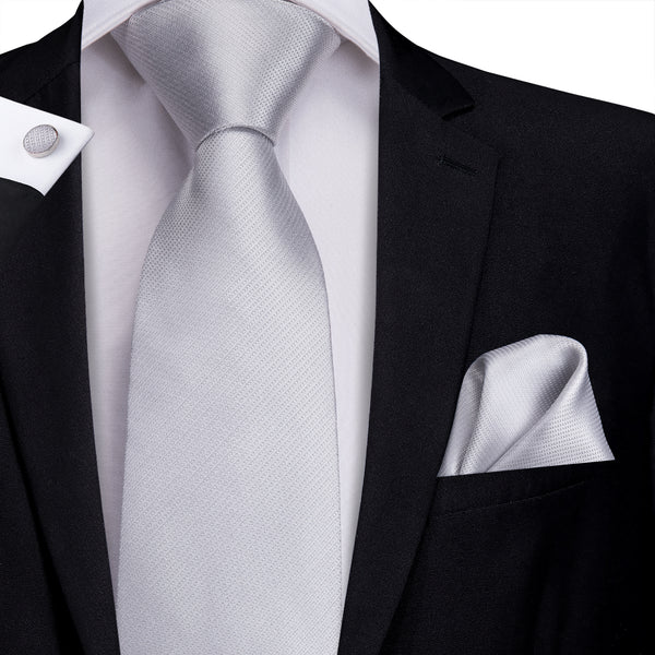 Silver Grey Solid Silk Men's Tie Handkerchief Cufflinks Set