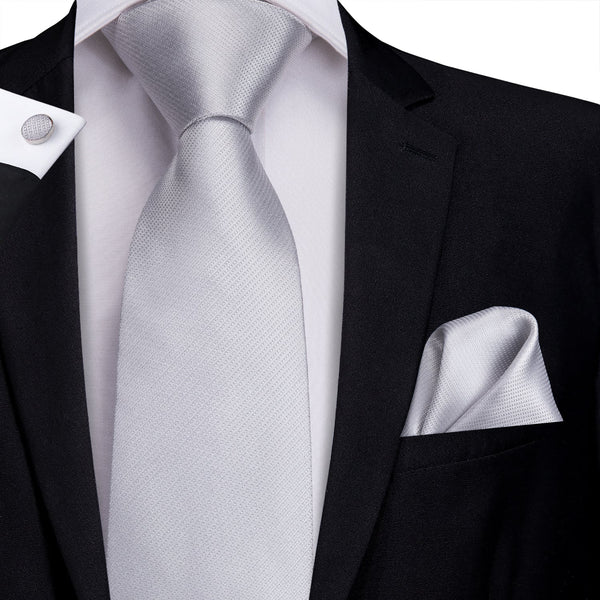 Silver Grey Solid Silk Men's 63 Inches Extra Long Tie Handkerchief Cufflinks Set