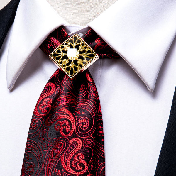Black Red Paisley Men's Necktie Pocket Square Cufflinks Set with Tie Buckle