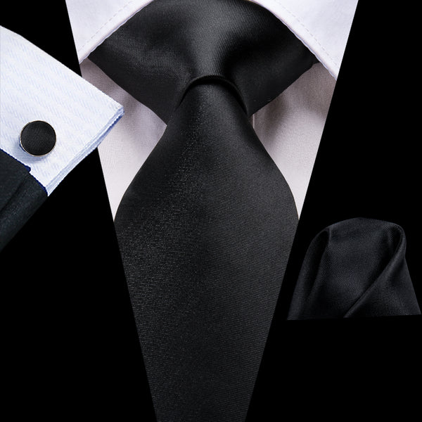 Pure Black Solid Silk Men's Tie Handkerchief Cufflinks Set