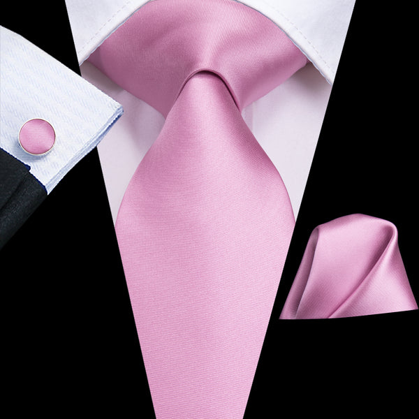 Baby Pink Solid Silk Men's Tie Handkerchief Cufflinks Set