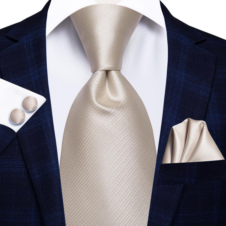 Champagne Tie Solid Silk Necktie Handkerchief Cufflinks Tie Set for Men