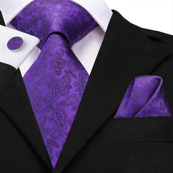 Cadbury purple Paisley Silk Men's Tie Handkerchief Cufflinks Set