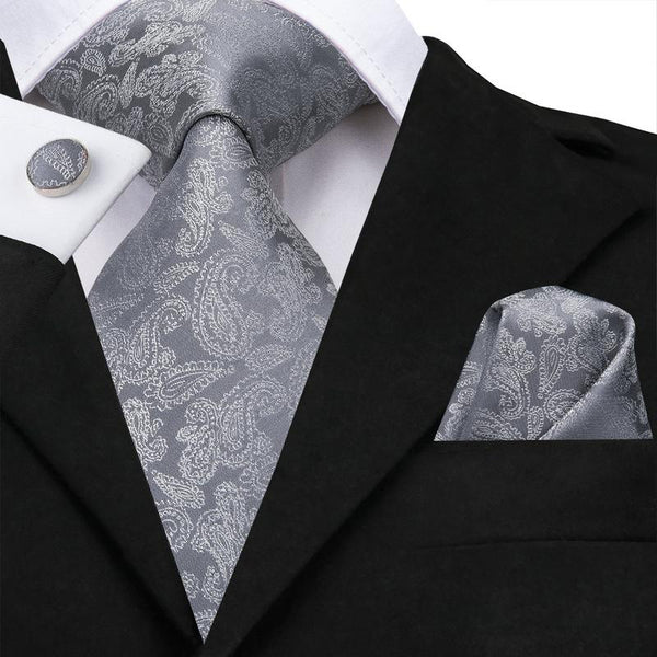 Grey Paisley Men's Tie Pocket Square Cufflinks Set