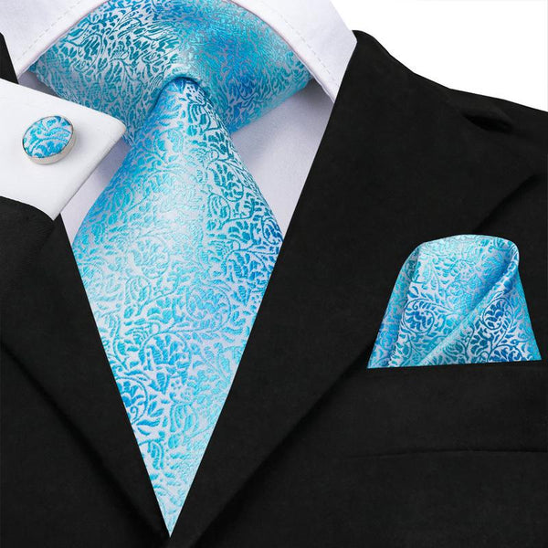 Silver Sky Blue Floral Men's Tie Hanky Cufflinks Set