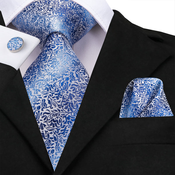 Blue White Leaves Silk Men's Tie Handkerchief Cufflinks Set