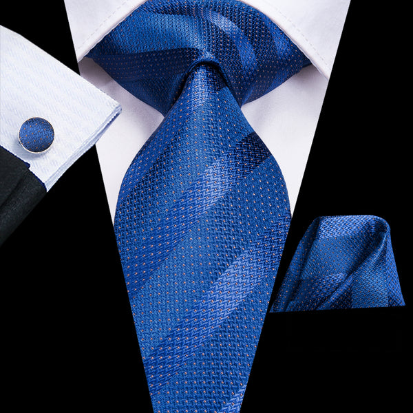 New Navy Blue Strip Silk Men's Tie Handkerchief Cufflinks Set