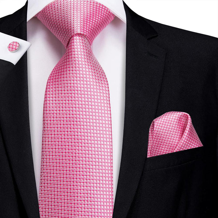 high quality rose pink plaid silk tie hanky cufflinks set for mens wedding tie