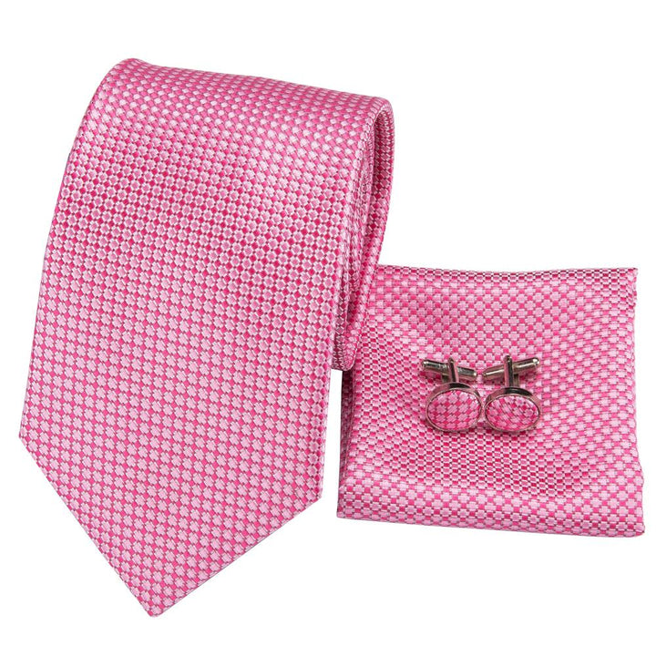 high quality rose pink plaid silk tie hanky cufflinks set for mens wedding tie