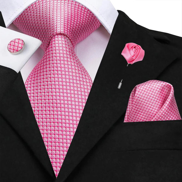 Light Pink Plaid Men's Silk Tie Pocket Square Cufflinks Set with Lapel Pin