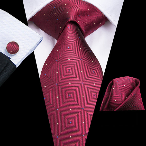 Red Plaid with Yellow Blue Dot Silk Men's Tie Handkerchief Cufflinks Set