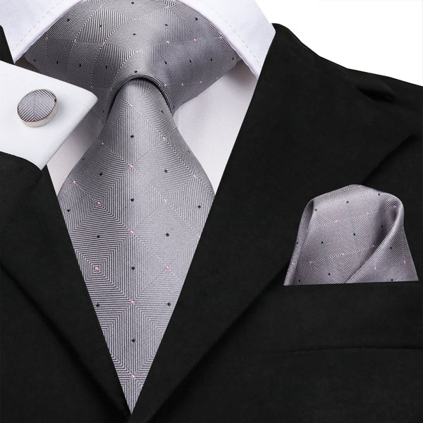 Grey Plaid with Black Pink Dot Silk Men's Tie Handkerchief Cufflinks Set