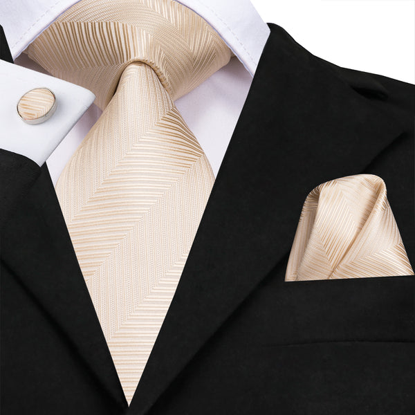 Beige Strip Silk Men's Tie Handkerchief Cufflinks Set