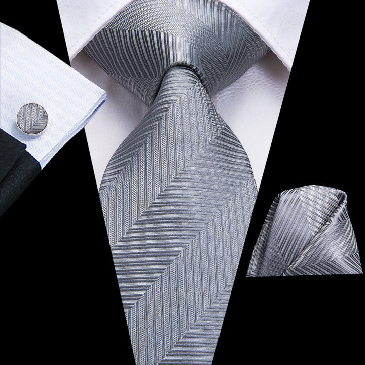 Dark Grey Strip Silk mens tie pocket square cufflinks set for suit or shirt