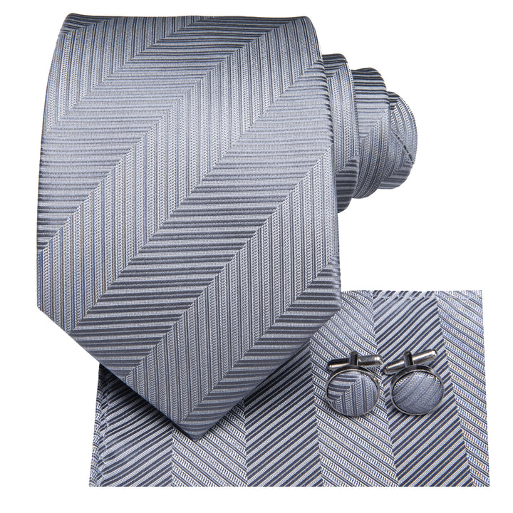 Dark Grey Strip Silk mens tie pocket square cufflinks set for suit or shirt