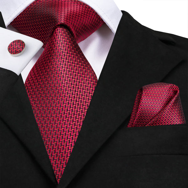 Red Black Weave Silk Men's Tie Handkerchief Cufflinks Set