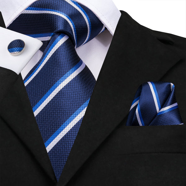 Blue White Strip Silk Men's Tie Handkerchief Cufflinks Set