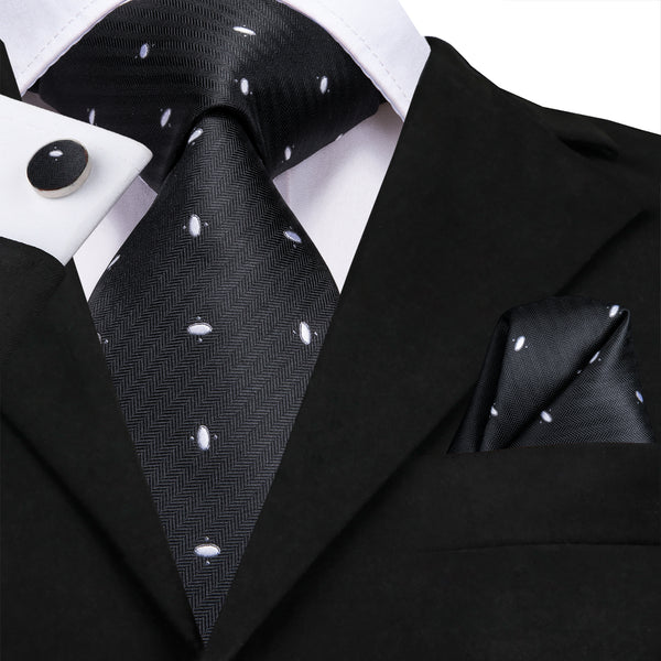 New Black White Dot Silk Men's Tie Handkerchief Cufflinks Set