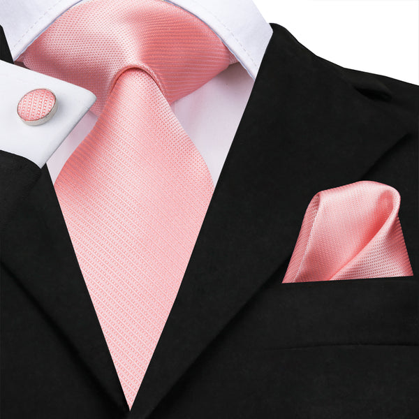 Pink Solid Silk Men's Tie Handkerchief Cufflinks Set