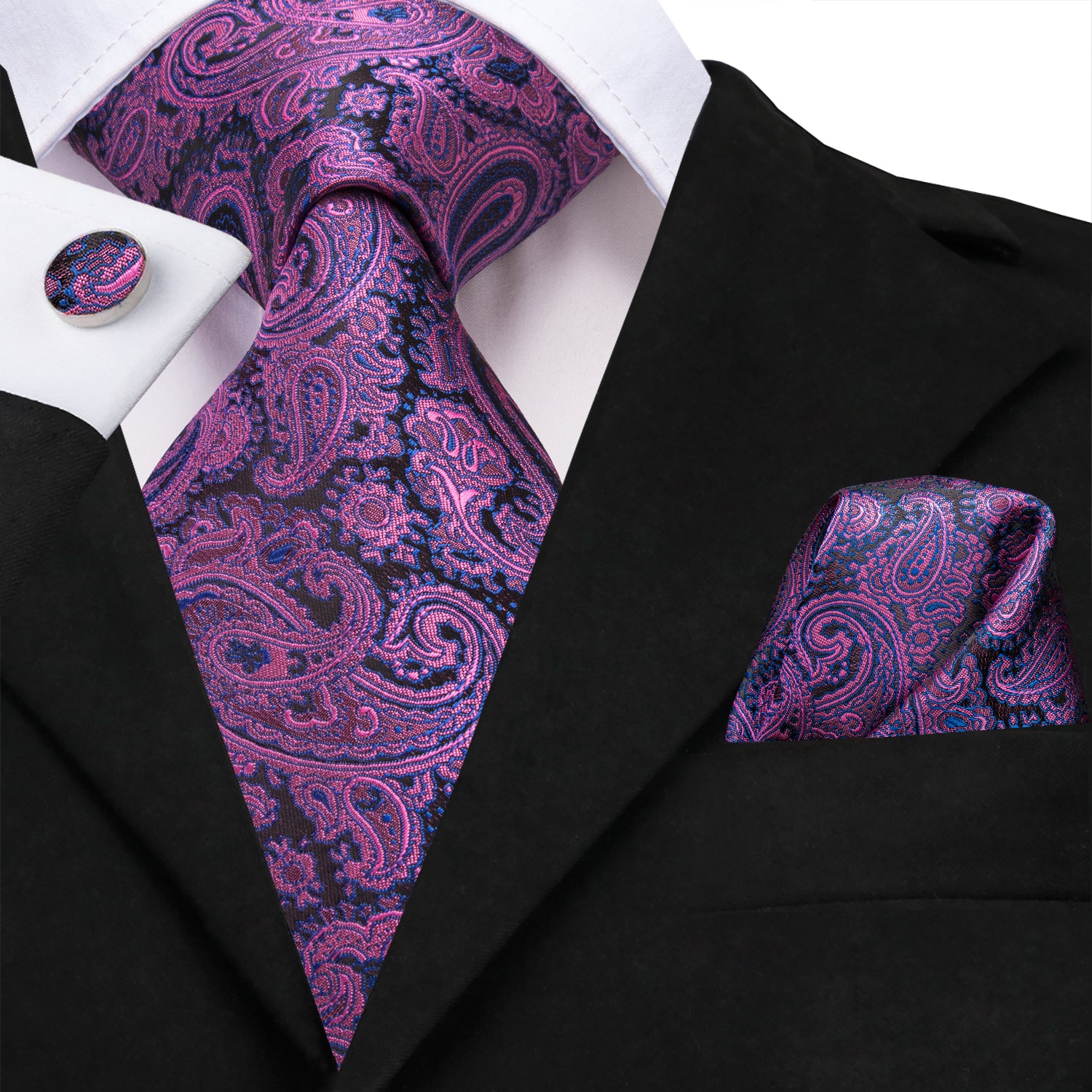 Purple Black Paisley Men's Necktie Pocket Square Cufflinks Set – ties2you
