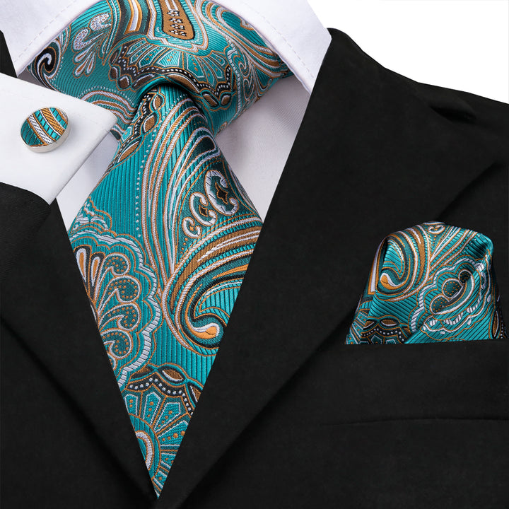Blue Green Paisley Men's Necktie Pocket Square Cufflinks Set – ties2you