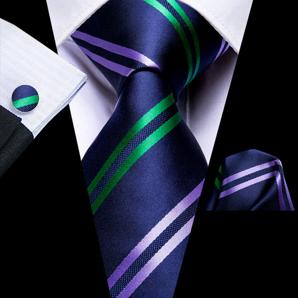Blue Striped Men's Necktie Pocket Square Cufflinks Set