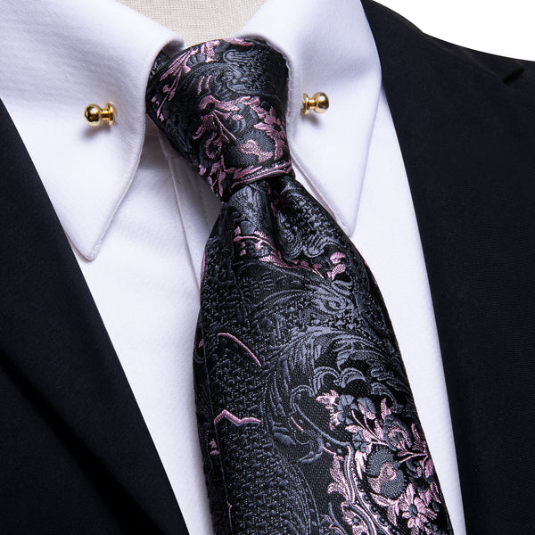 Black Grey Pink Paisley Men's Tie Hanky Cufflinks Set with Collar Pin