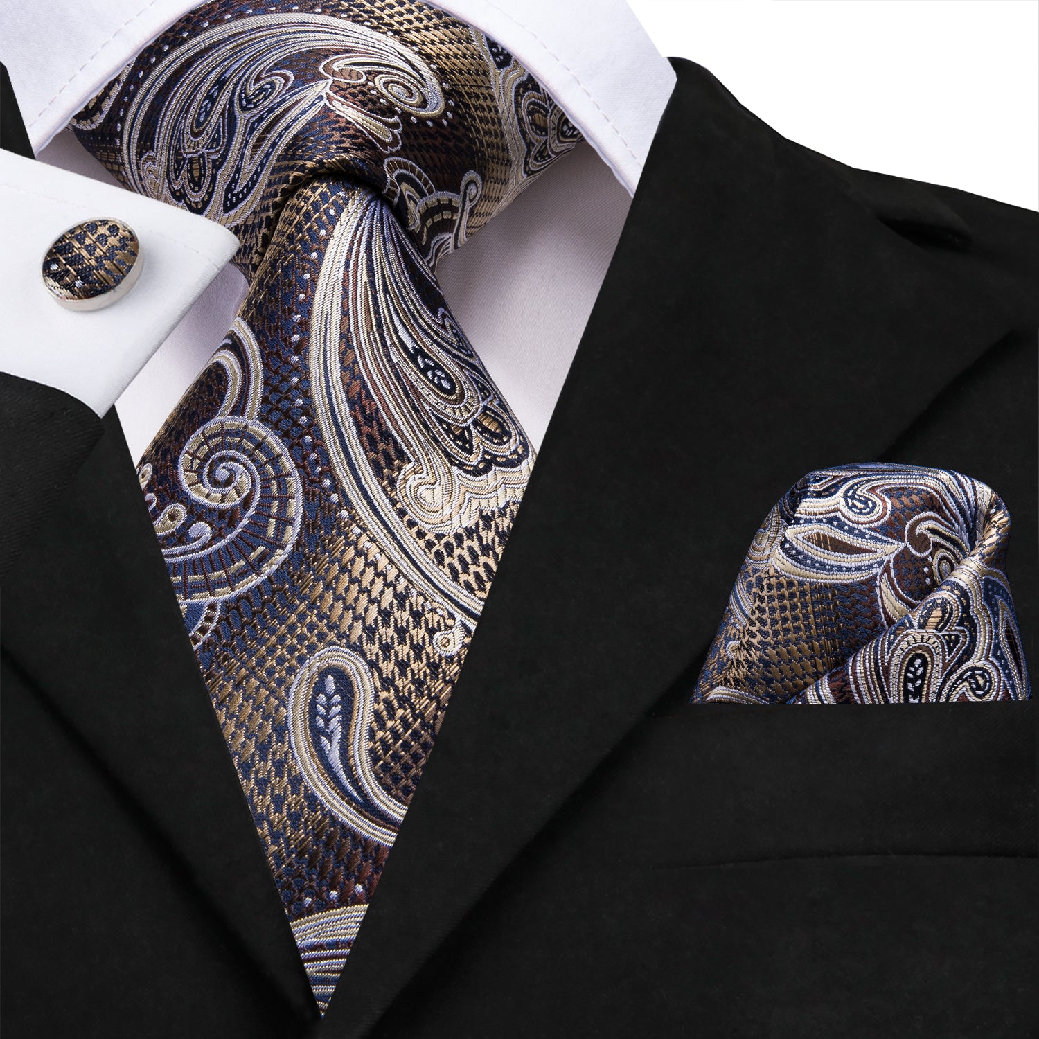 Blue Champagne Paisley Men's Necktie Pocket Square Cufflinks Set – ties2you