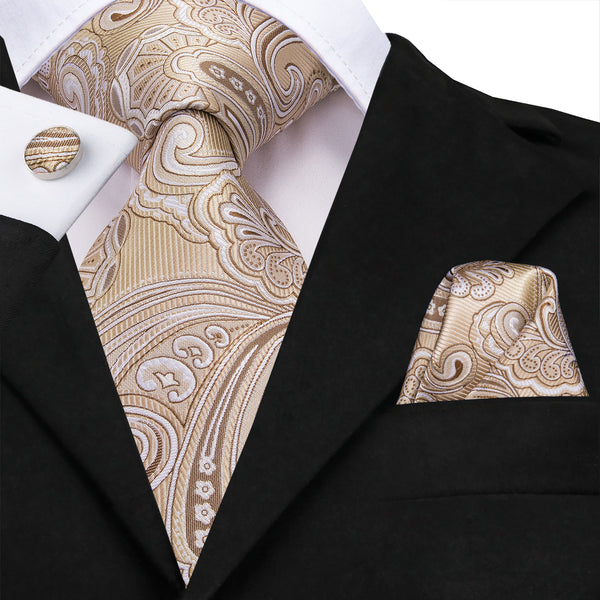 New Silver Khaki Paisley Men's Necktie Pocket Square Cufflinks Set
