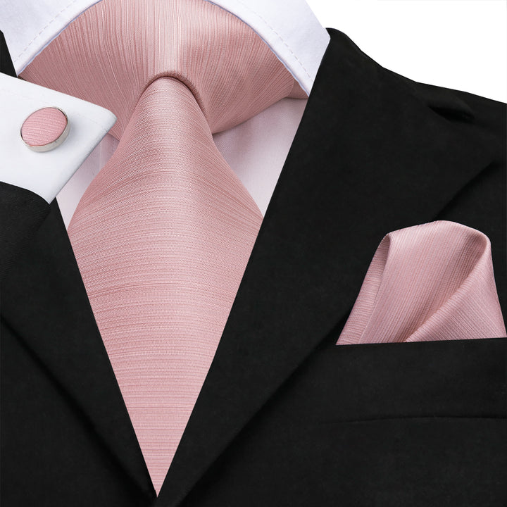 mens silk light pink solid tie handkerchief cufflinks set for mens suit or shirt