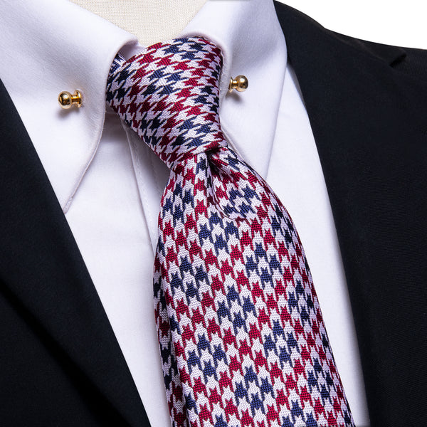 classic striped Red Blue Houndstooth Mens Tie Hanky Cufflinks Set with Collar Pin