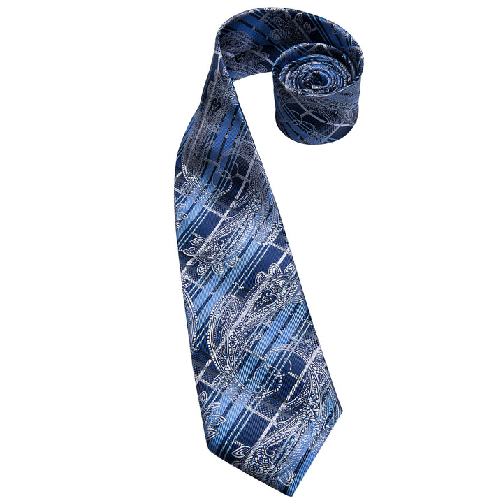 Silver Blue Paisley Plaid Men's Silk cufflinks and tie set