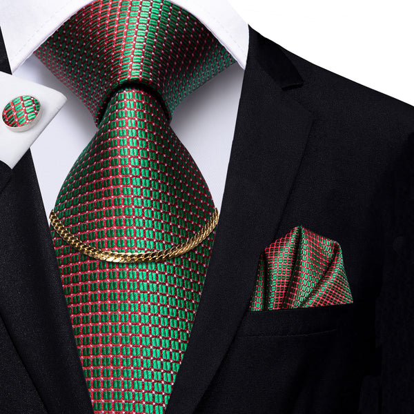 Green Plaid Silk Fabric Men's Tie Hanky Cufflinks Set with Tie Chain