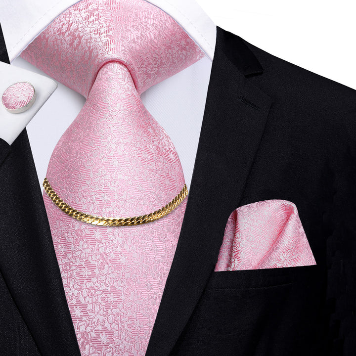Baby Pink Floral Silk Fabric Men's Tie Hanky Cufflinks Set with Tie Chain