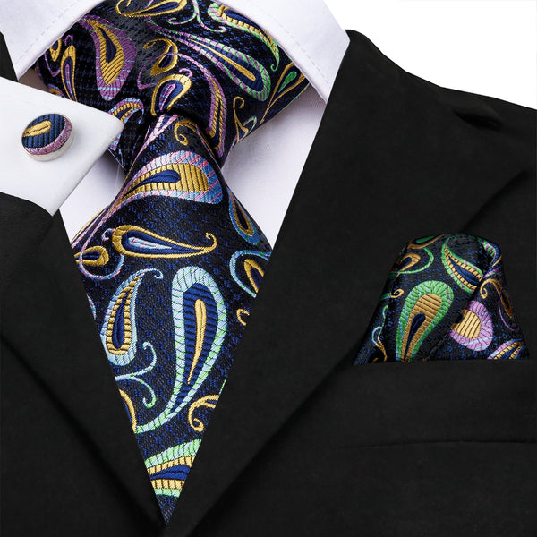 Colorful Black Paisley Tie Pocket Square Cufflinks Set