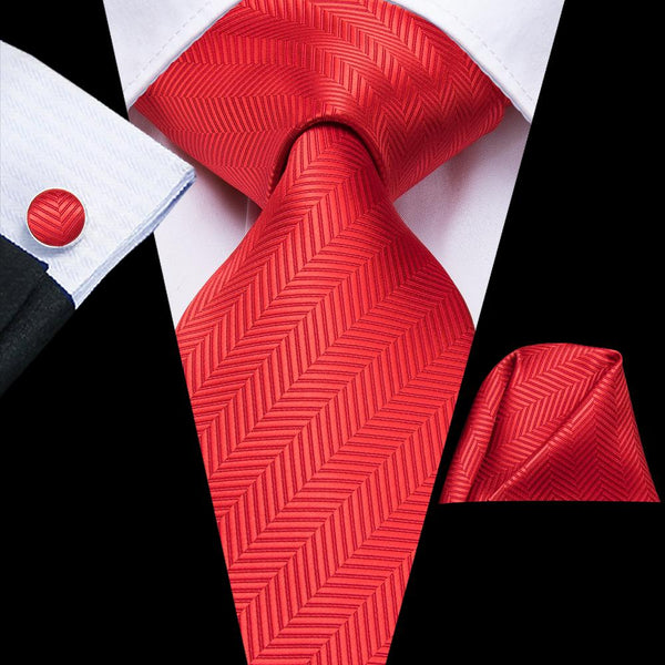 Red Novelty Striped Silk Necktie Pocket Square Cufflinks Set