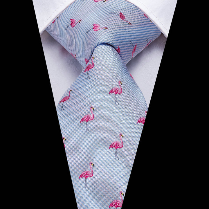 Blue Tie Pink Flamingo Novelty silk ties for men Tie Pocket Square Cufflinks Set