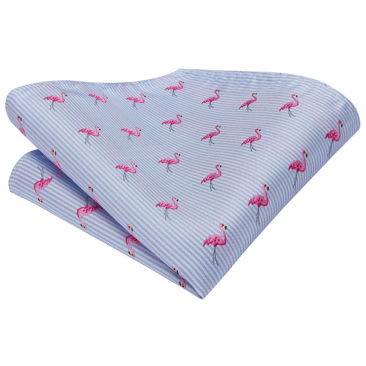 Blue Tie Pink Flamingo Novelty Men's Tie Pocket Square Cufflinks Set
