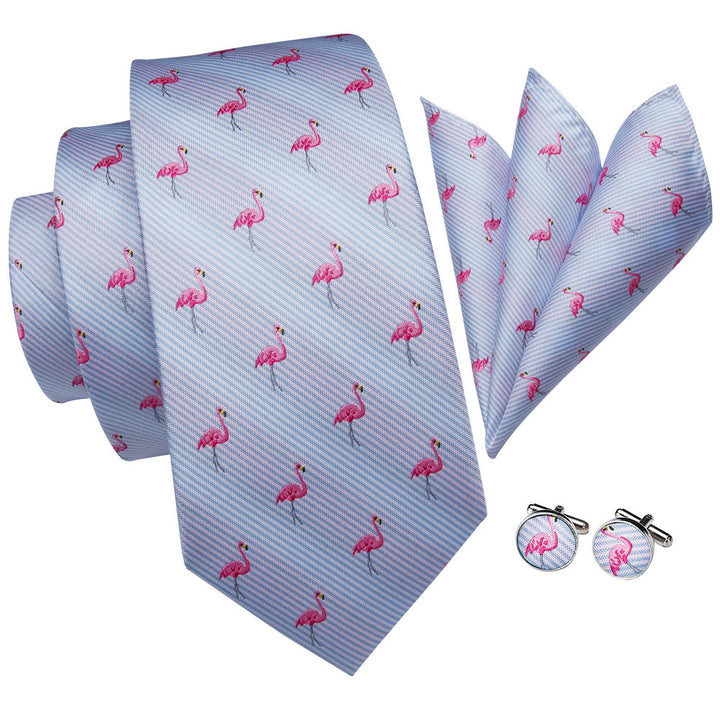 Blue Tie Pink Flamingo Novelty Tie and mens pocket squares Cufflinks Set