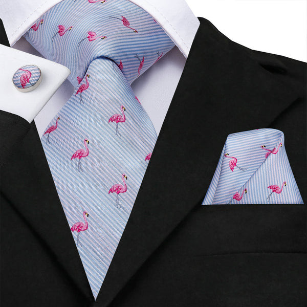 Blue Pink Flamingo Novelty Men's Tie Pocket Square Cufflinks Set