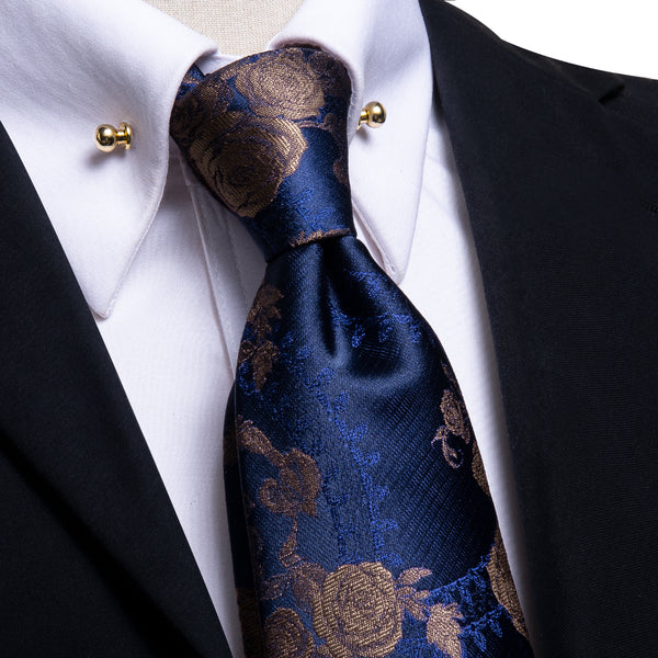 Deep Blue Brown Floral Men's Tie Hanky Cufflinks Set with Collar Pin