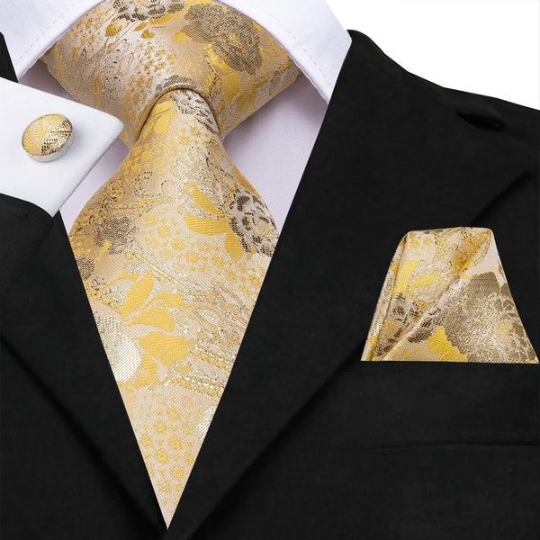 New Silver Light Yellow Floral Men's Necktie Pocket Square Cufflinks Set