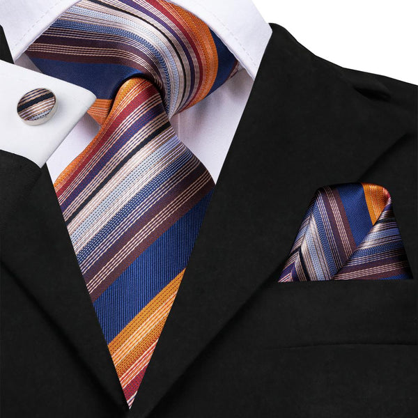 Orange Blue Colorful Striped Men's Necktie Pocket Square Cufflinks Set